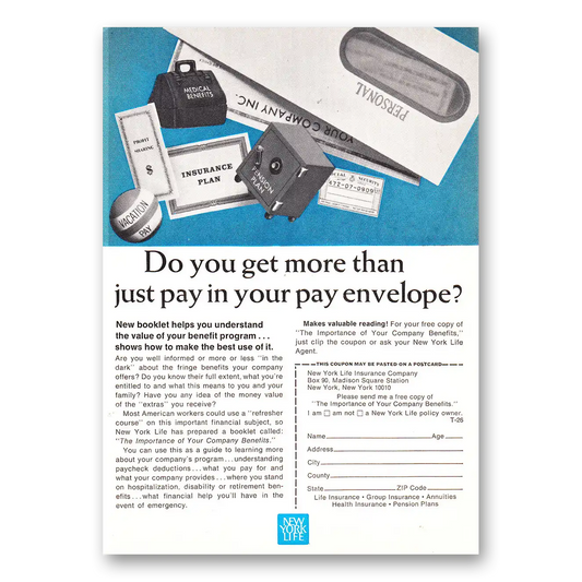 1966 New York Life Insurance Do You Get More Than Just Pay In Your Pay Envelope Vintage Magazine Print Ad