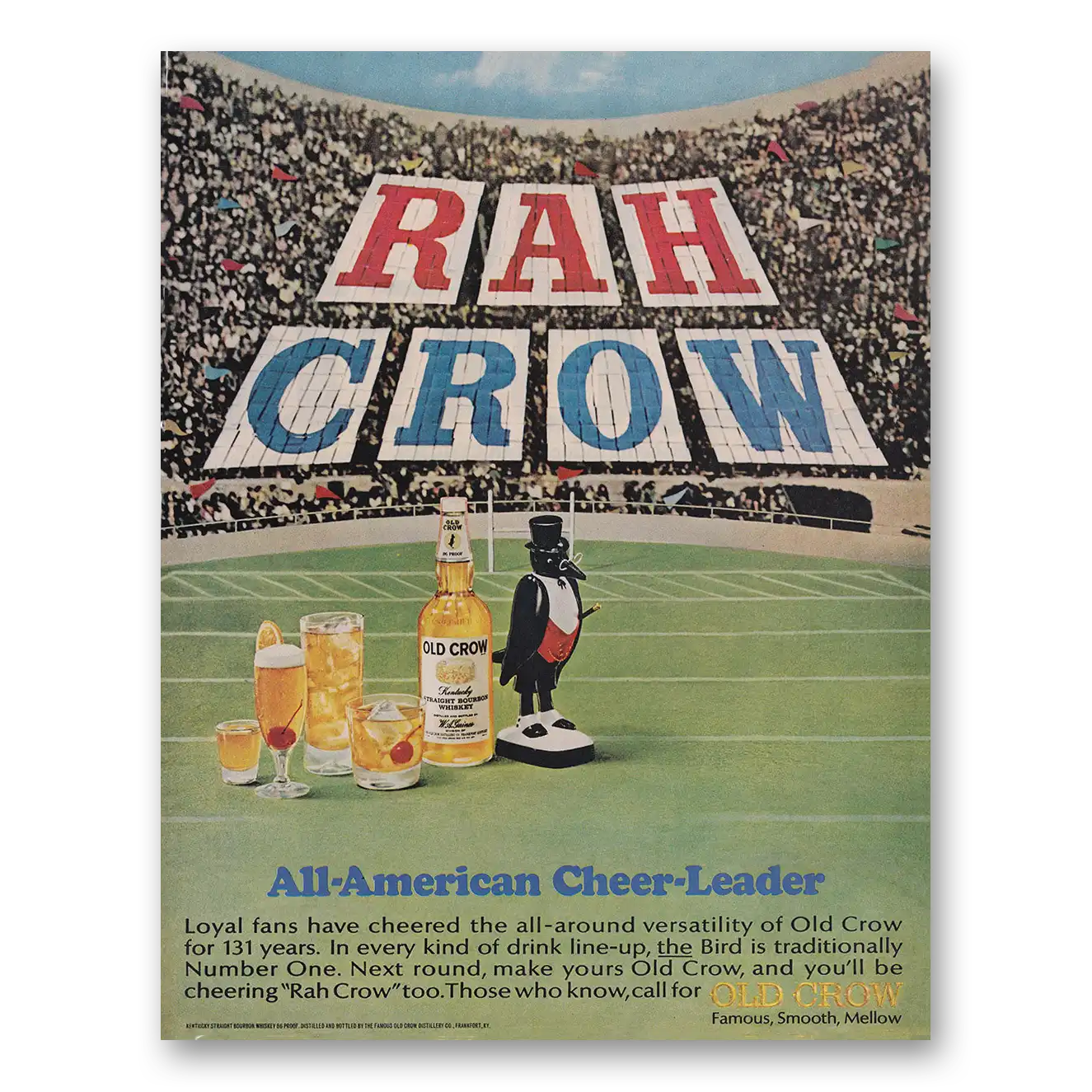 1966 Old Crow Whiskey Rah Crow All American Cheer Leader Vintage Magazine Print Ad