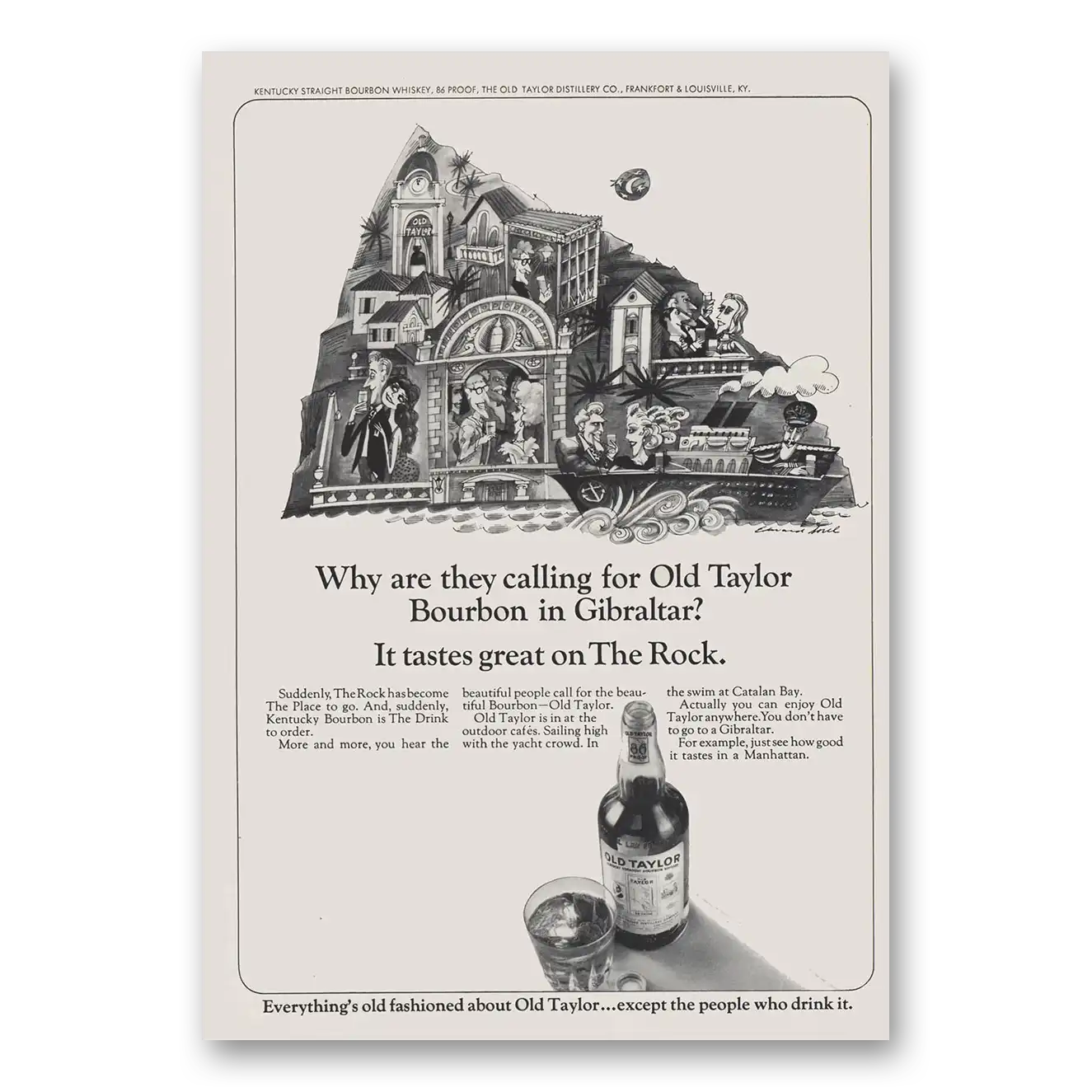 1966 Old Taylor Bourbon Whiskey Gibraltar Tastes Great On the Rock Vintage Magazine Print Ad