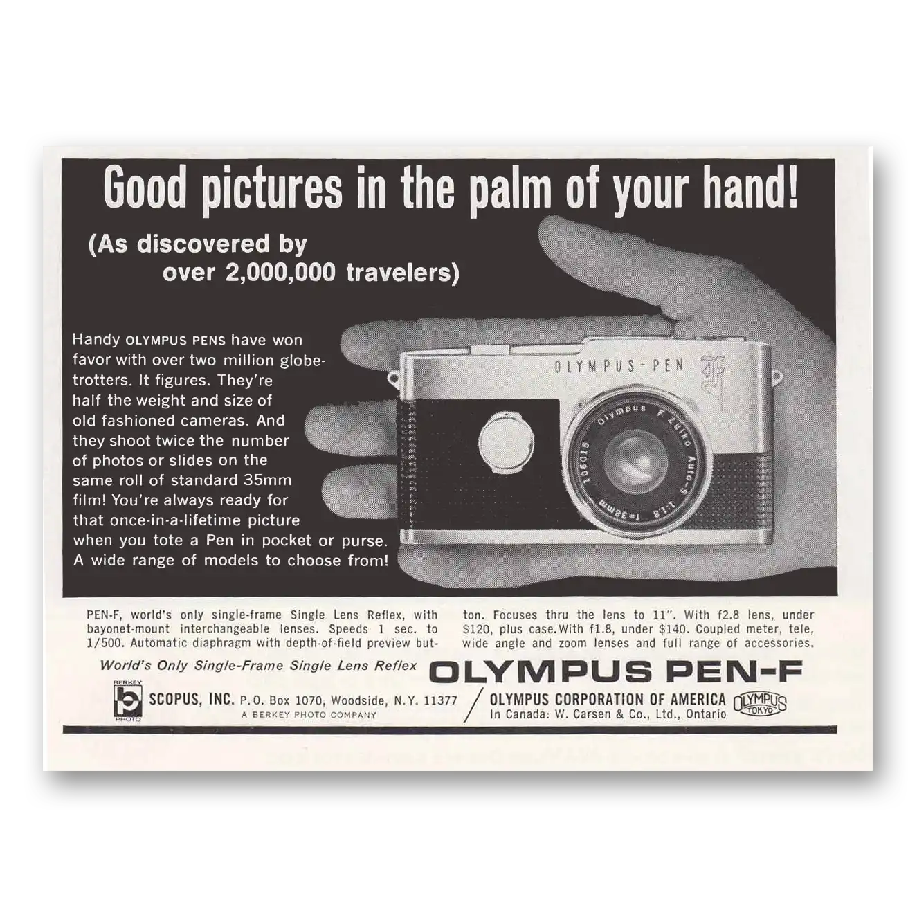 1966 Olympus Pen F Camera Palm of Your Hand Vintage Magazine Print Ad