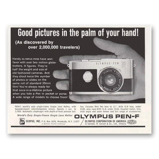 1966 Olympus Pen F Camera Palm of Your Hand Vintage Magazine Print Ad