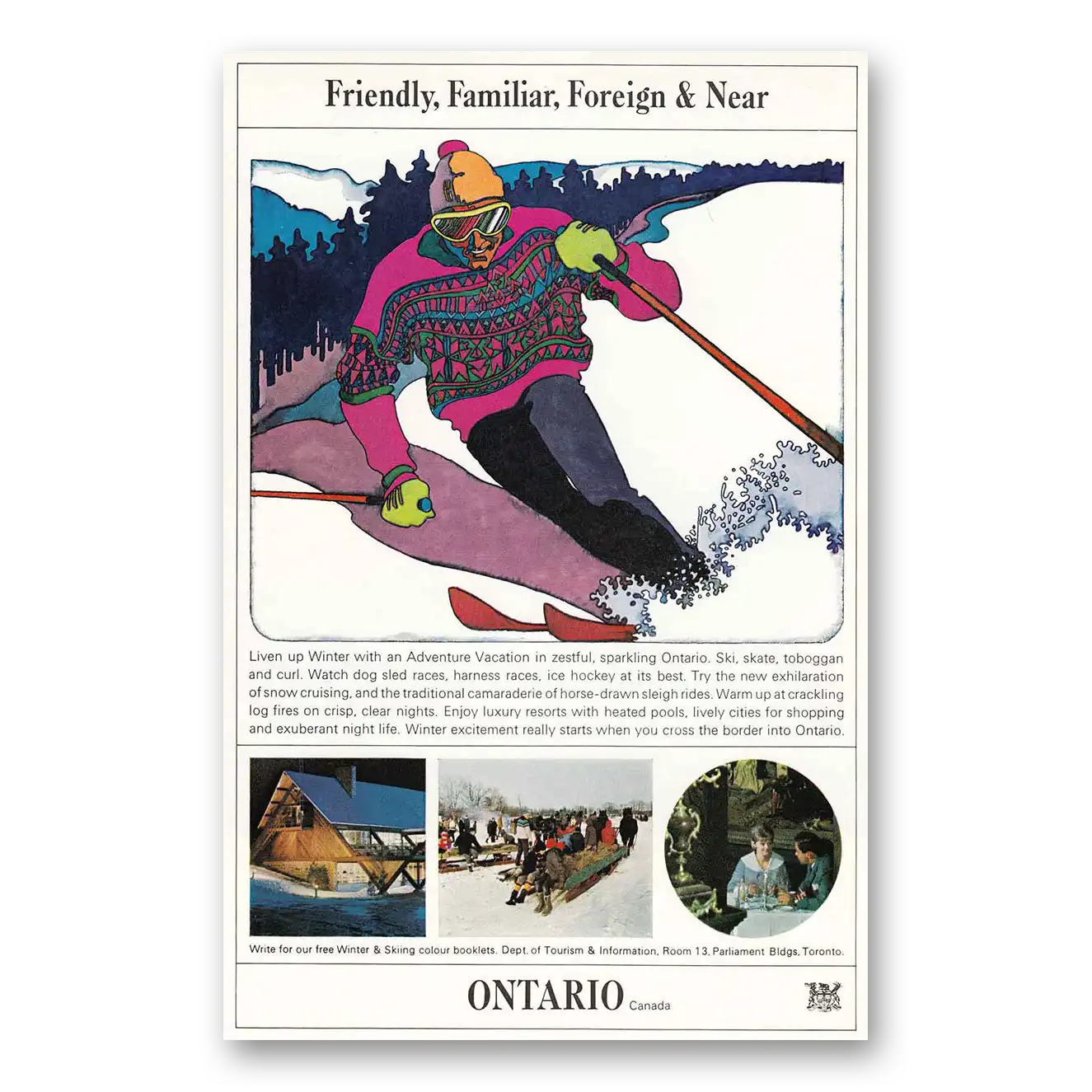 1966 Ontario Canada Skier Friendly Familiar Foreign New Vintage Magazine Print Ad