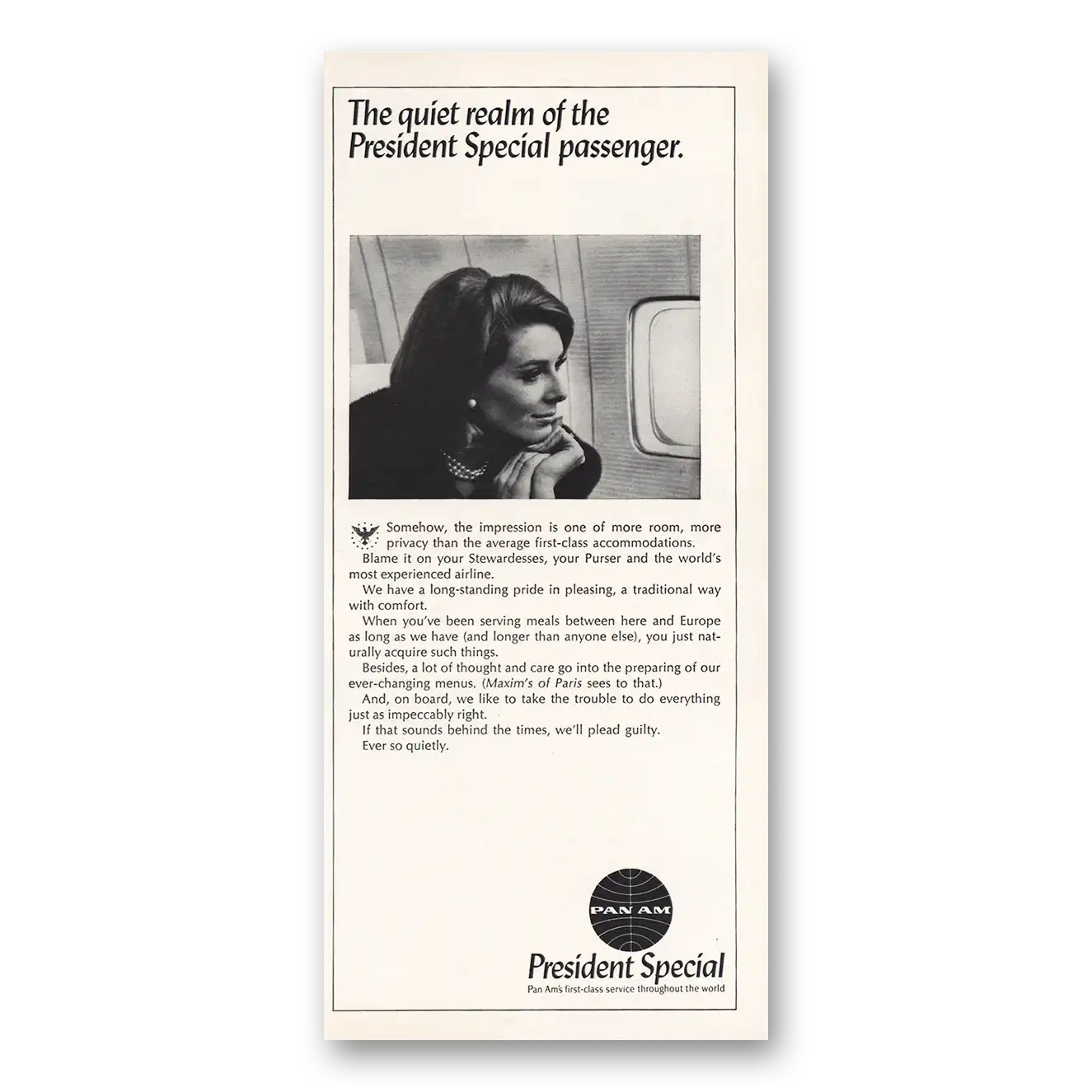 1966 Pan Am Quiet Realm President Special Passenger Vintage Magazine Print Ad