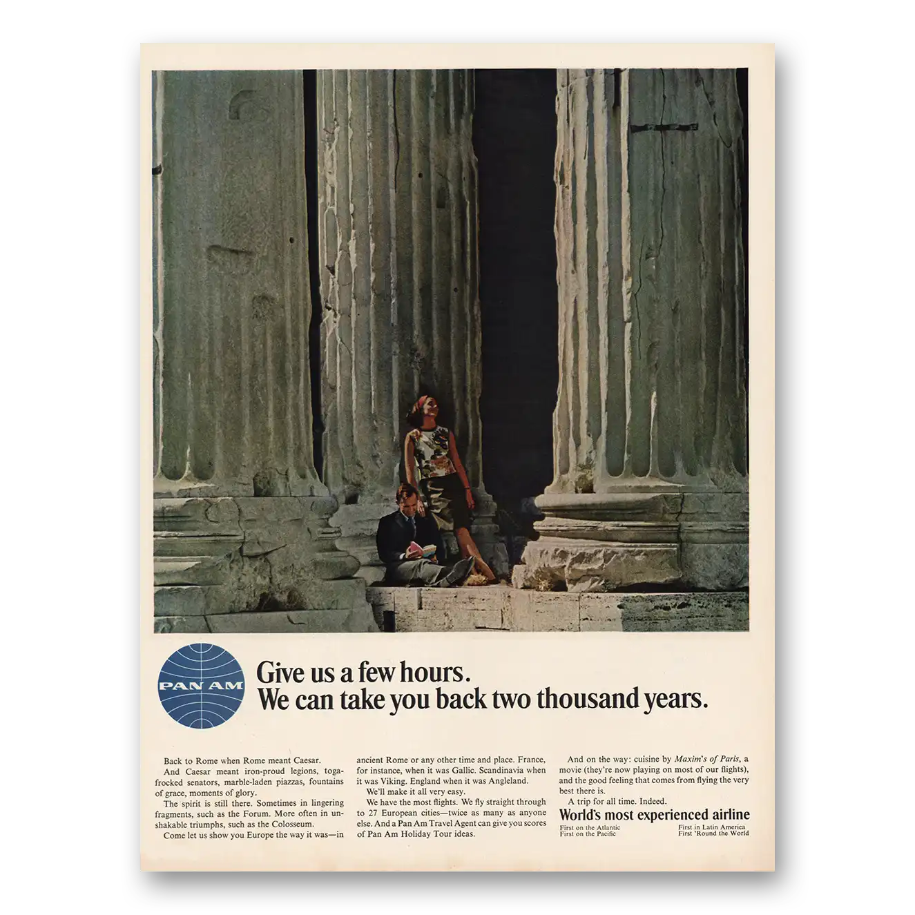 1966 Pan Am Give Us Few Hours Back to Rome Vintage Magazine Print Ad