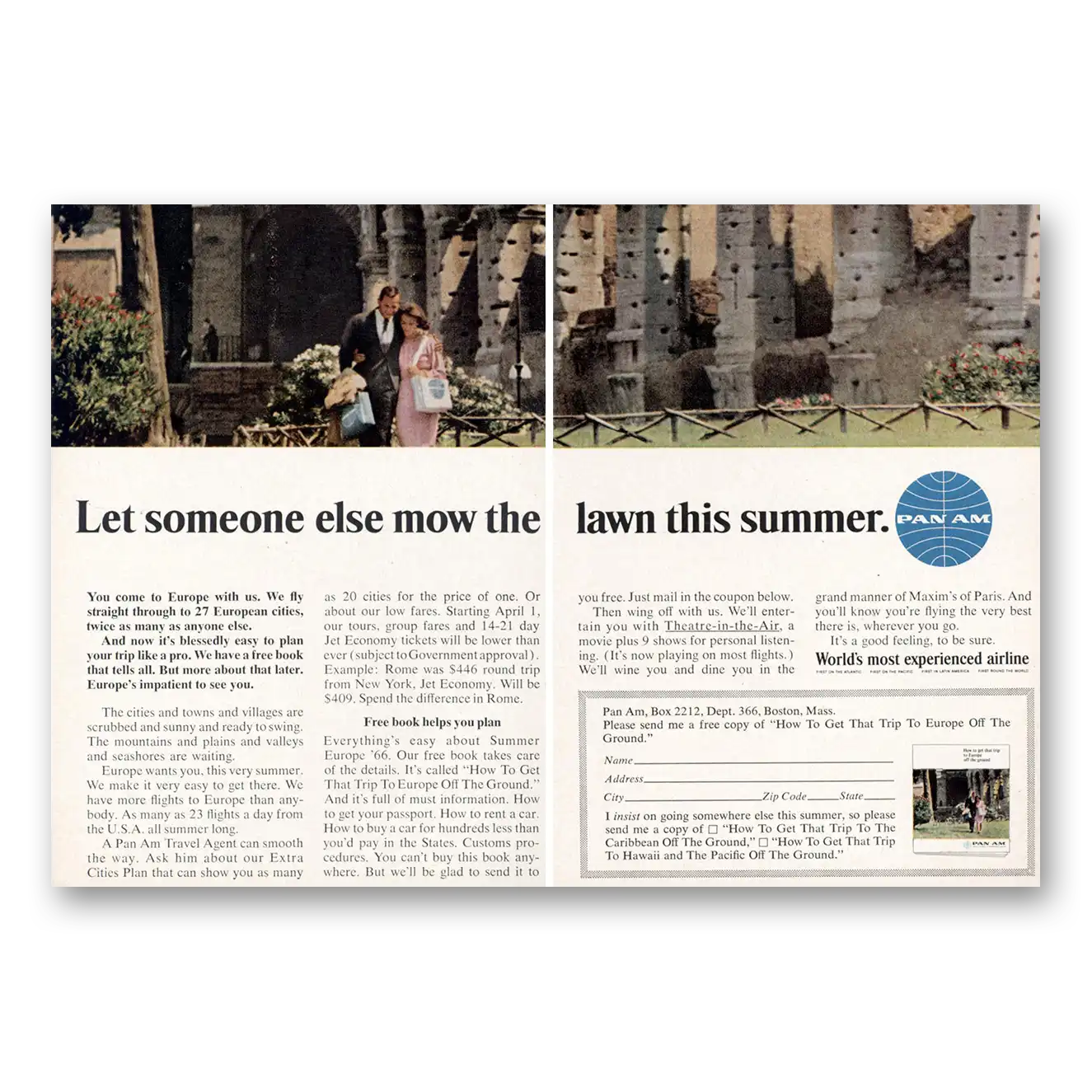 1966 Pan Am Let Someone Else Mow the Lawn This Summer Vintage Magazine Print Ad