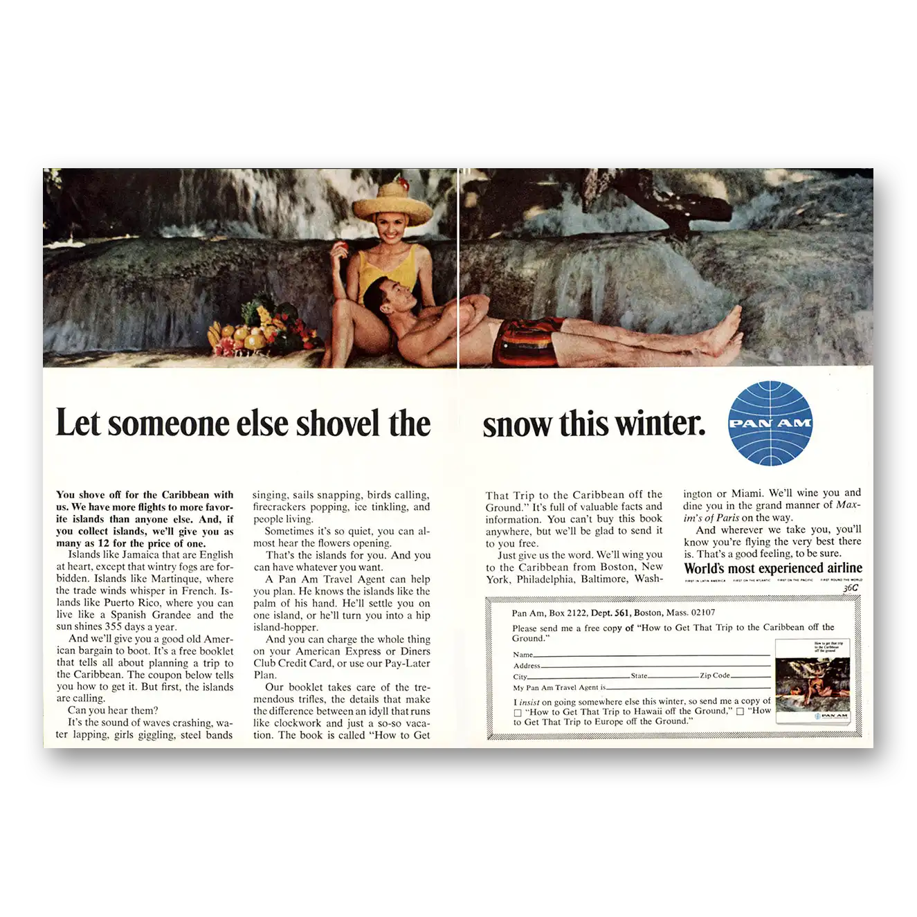 1966 Pan Am Let Someone Else Shovel Snow This Winter Vintage Magazine Print Ad