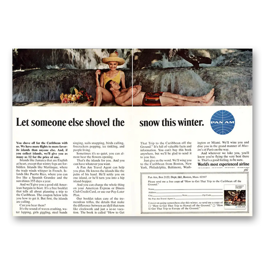 1966 Pan Am Let Someone Else Shovel Snow This Winter Vintage Magazine Print Ad