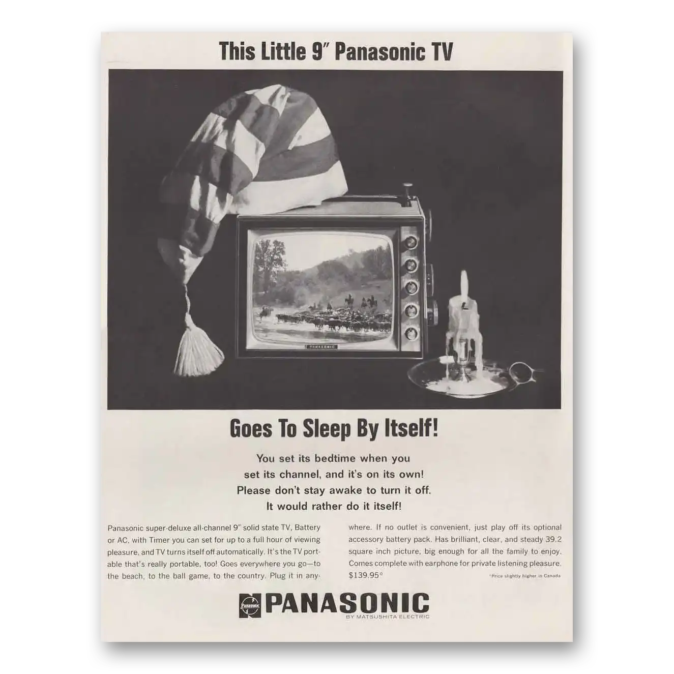 1966 Panasonic Television Goes To Sleep By Itself Vintage Magazine Print Ad