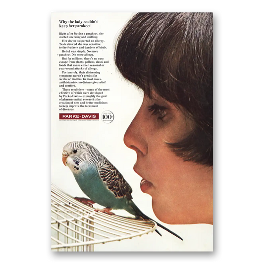 1966 Parke-Davis Keep Her Parakeet Vintage Magazine Print Ad