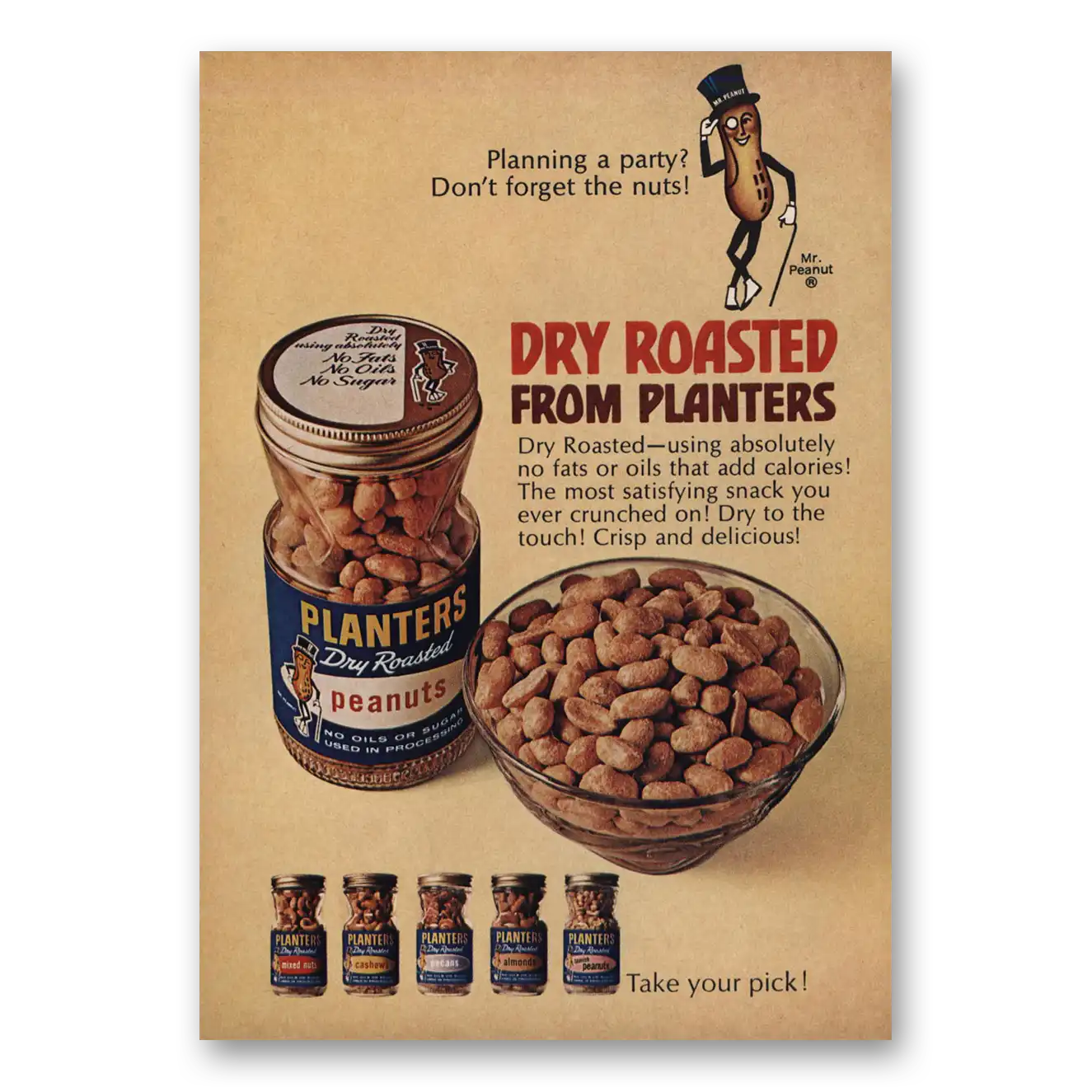 1966 Planters Peanuts Dry Roasted Nuts Planning a Party Vintage Magazine Print Ad