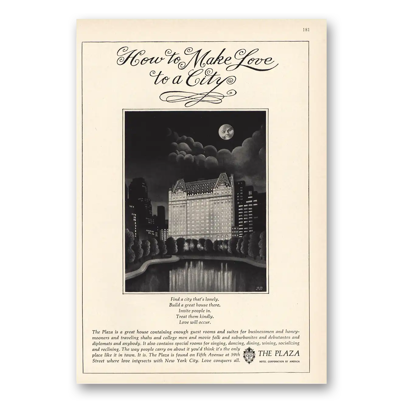 1966 Plaza Hotel Make Love to City Vintage Magazine Print Ad