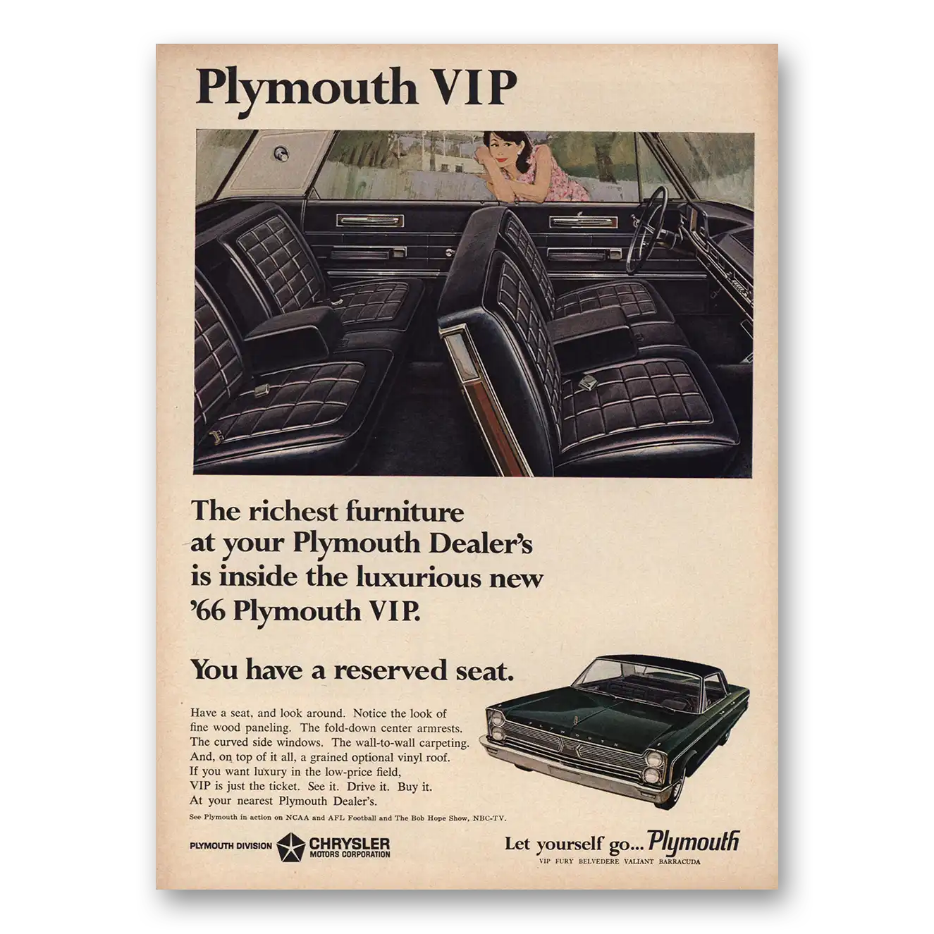 1965 Plymouth VIP Richest Furniture Vintage Magazine Print Ad