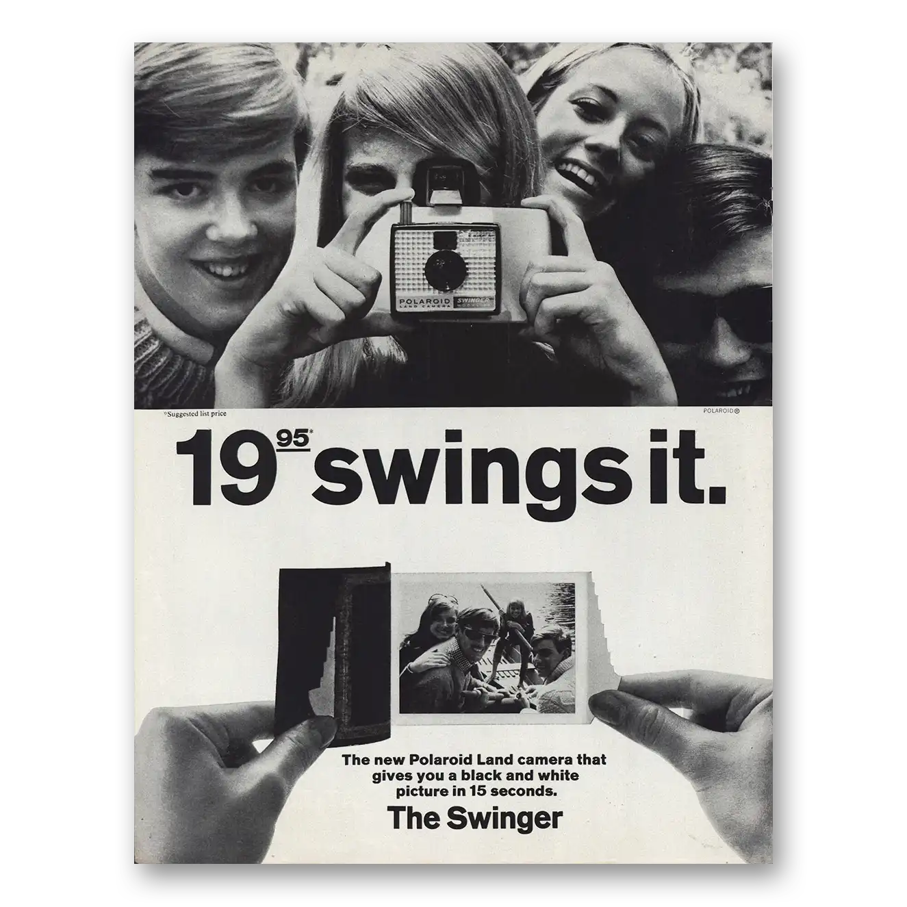 1966 Polaroid Swinger Camera Black and White Picture 15 Seconds Vintage Magazine Print Ad