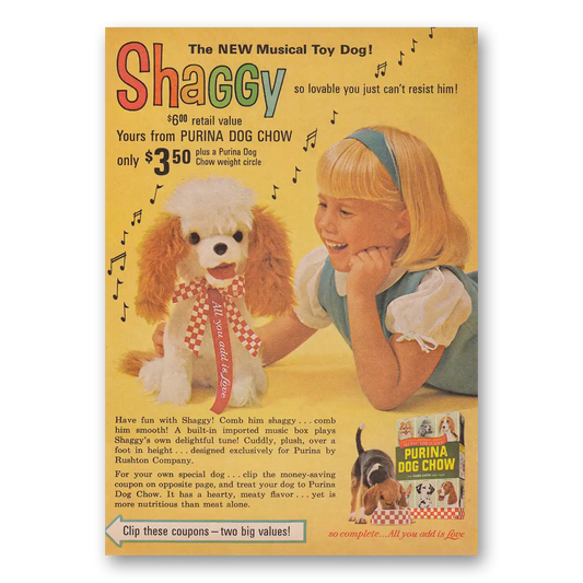 1966 Purina Dog Chow Shaggy Musical Toy Dog Vintage Magazine Print Ad