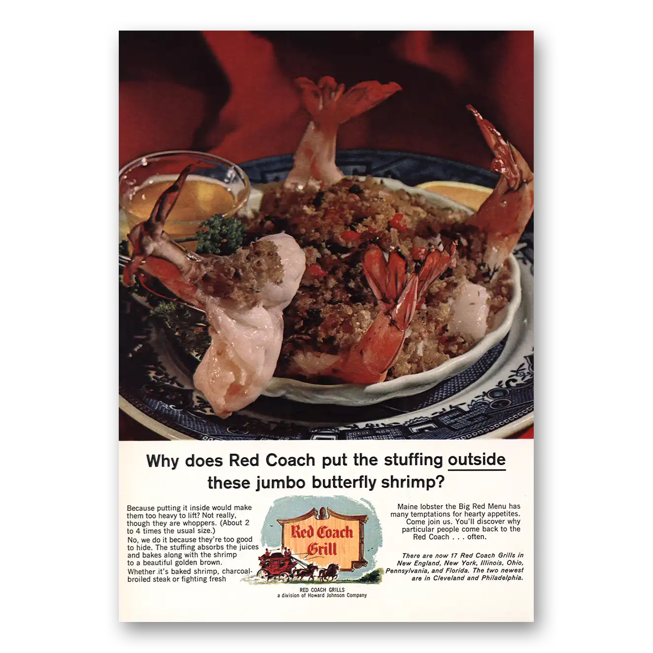 1966 Red Coach Grill Jumbo Butterfly Shrimp Vintage Magazine Print Ad