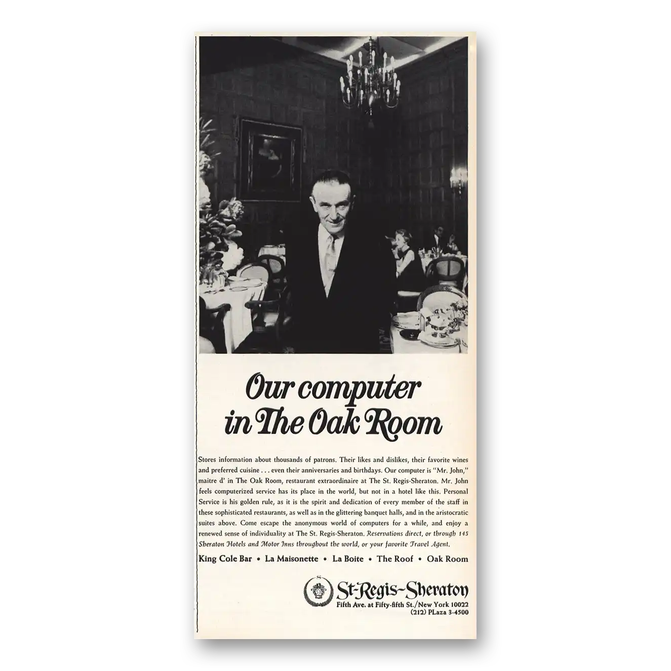 1966 St Regis Sheraton Computer Oak Room Vintage Magazine Print Ad