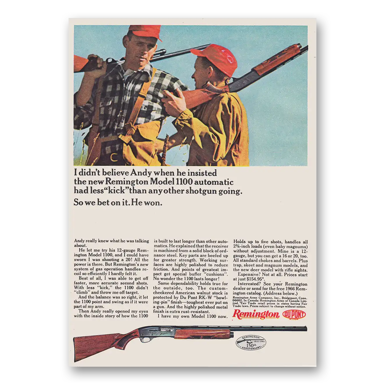 1966 Remington Arms Model 1100 Shotgun I Didn't Believe Andy Vintage Magazine Print Ad