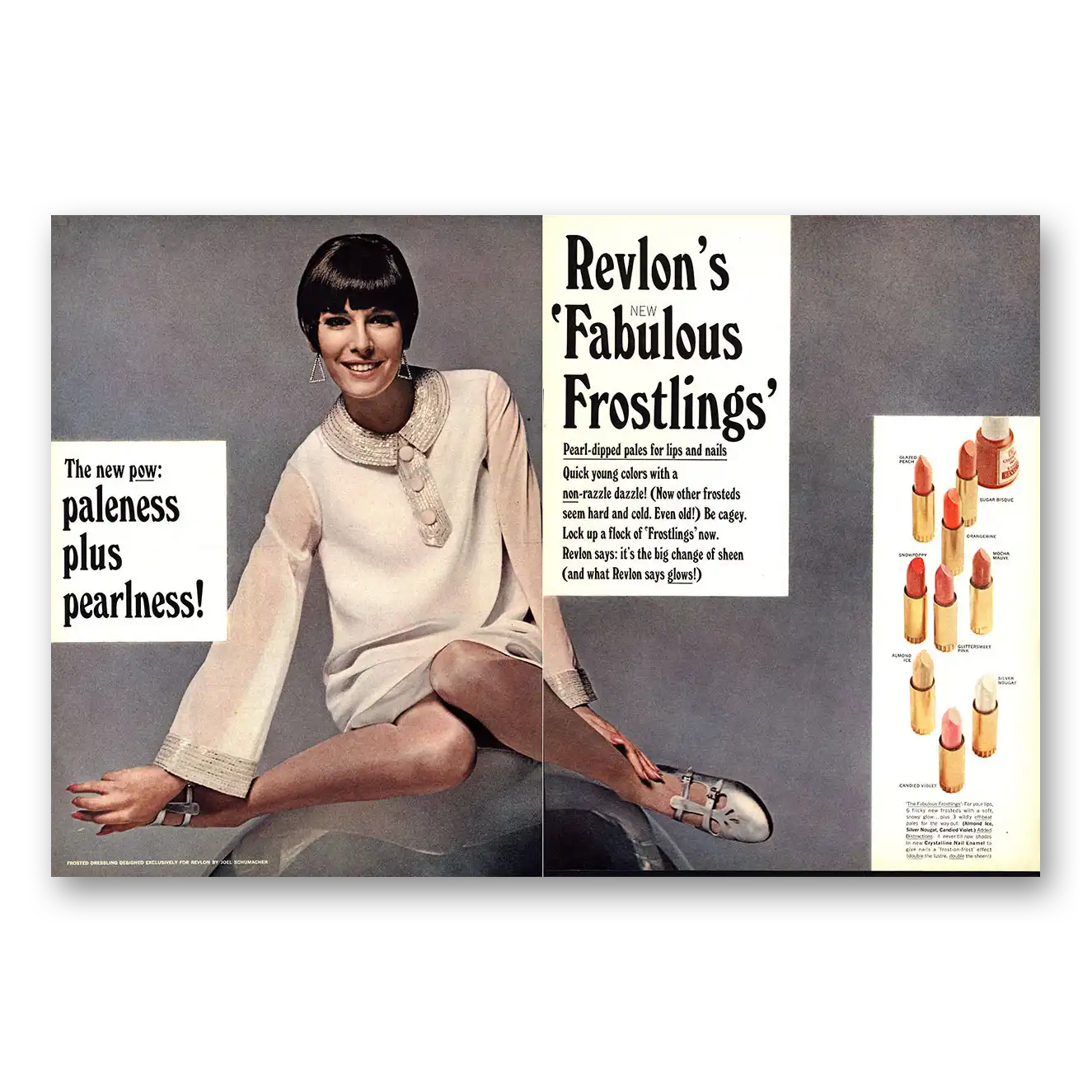 1966 Revlon Fabulous Frostlings Lipstick Paleness Plus Pearlness Vintage Magazine Print Ad