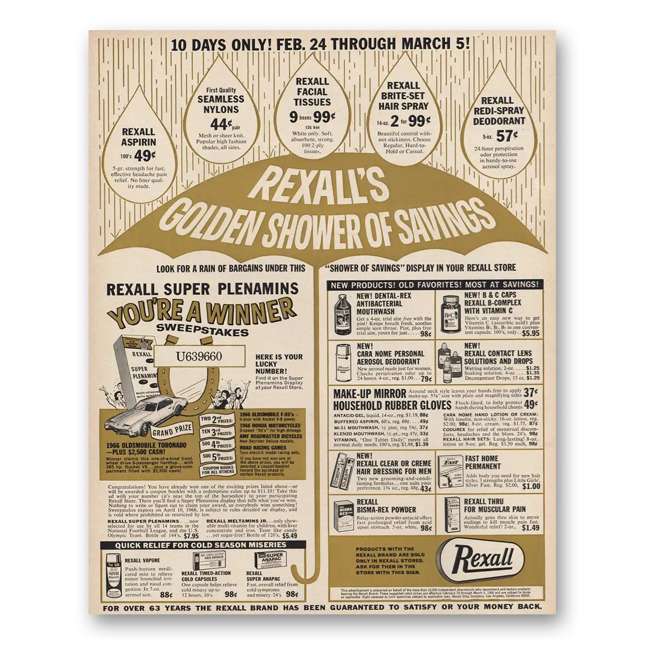 1966 Rexall Drug Stores Golden Shower of Savings Vintage Magazine Print Ad