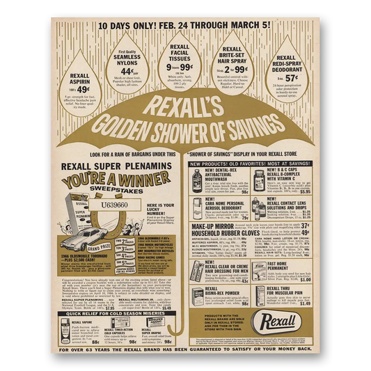 1966 Rexall Drug Stores Golden Shower of Savings Vintage Magazine Print Ad