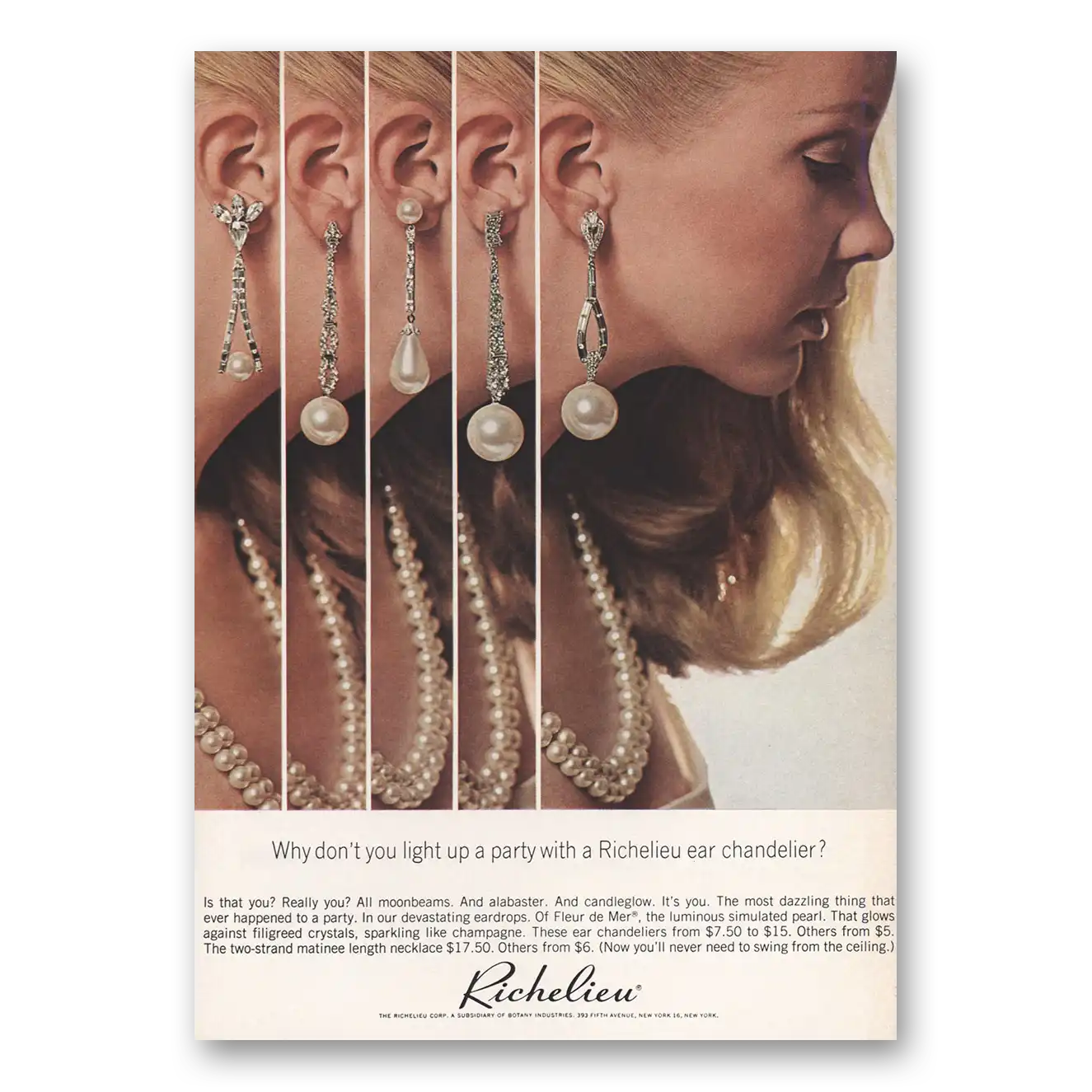 1966 Richelieu Pearls Light Up a Party Ear Chandelier Vintage Magazine Print Ad