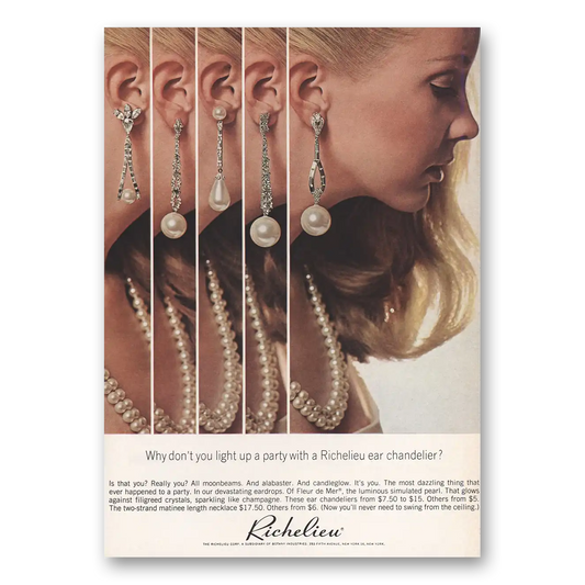 1966 Richelieu Pearls Light Up a Party Ear Chandelier Vintage Magazine Print Ad