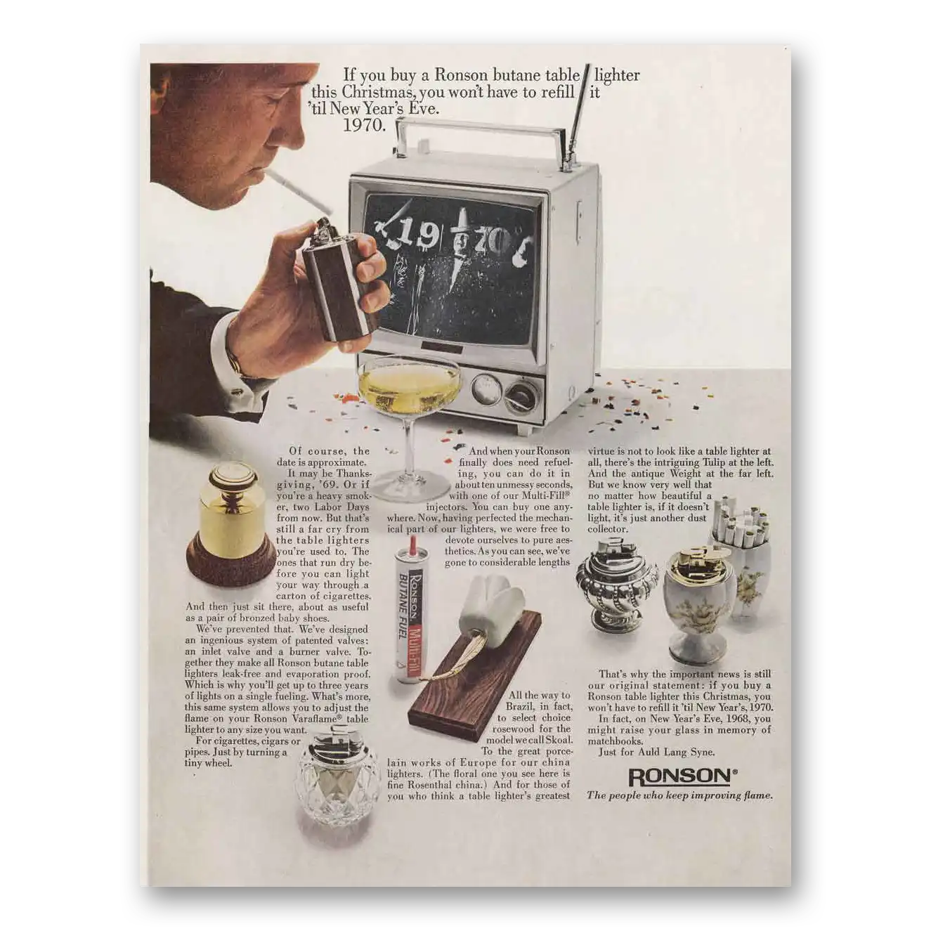 1966 Ronson Lighters Butane Table Lighter You Won't Have to Refill It Til New Years Eve 1970 Vintage Magazine Print Ad