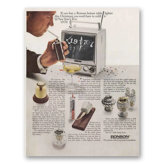 1966 Ronson Lighters Butane Table Lighter You Won't Have to Refill It Til New Years Eve 1970 Vintage Magazine Print Ad