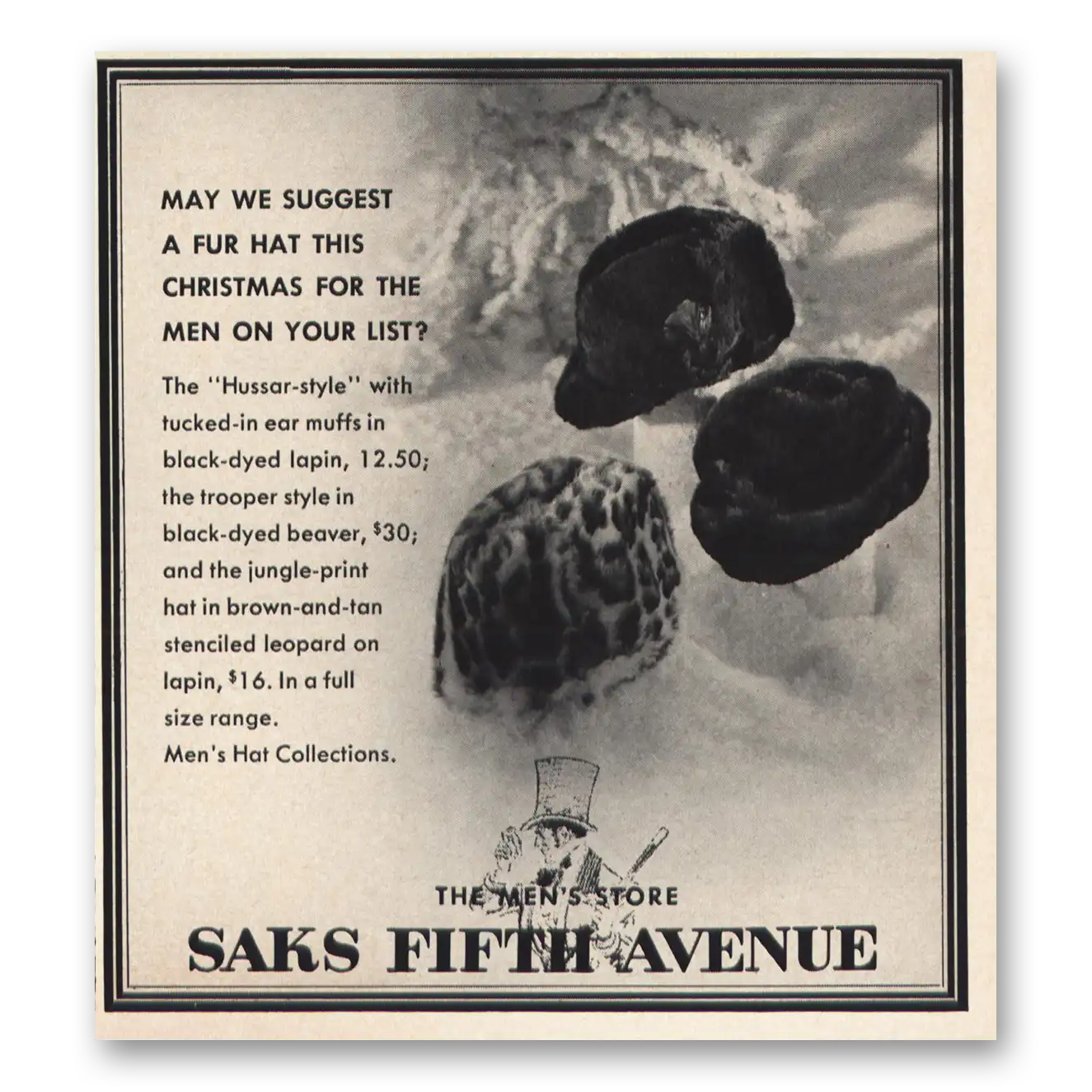 1966 Saks Fifth Avenue Fur Hat This Christmas Vintage Magazine Print Ad