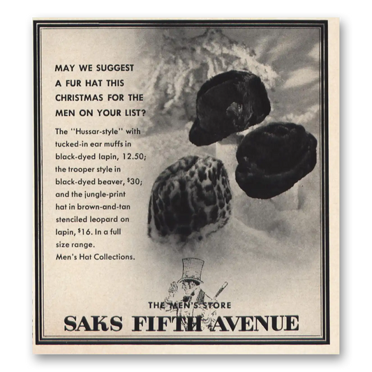 1966 Saks Fifth Avenue Fur Hat This Christmas Vintage Magazine Print Ad