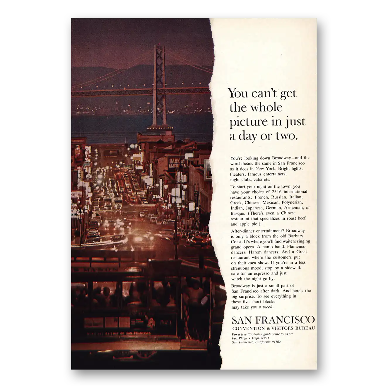 1966 San Francisco California Cant Get Whole Picture In Just Day Vintage Magazine Print Ad