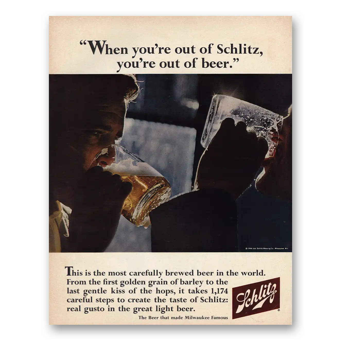 1966 Schlitz Beer When You're Out of Schlitz Vintage Magazine Print Ad