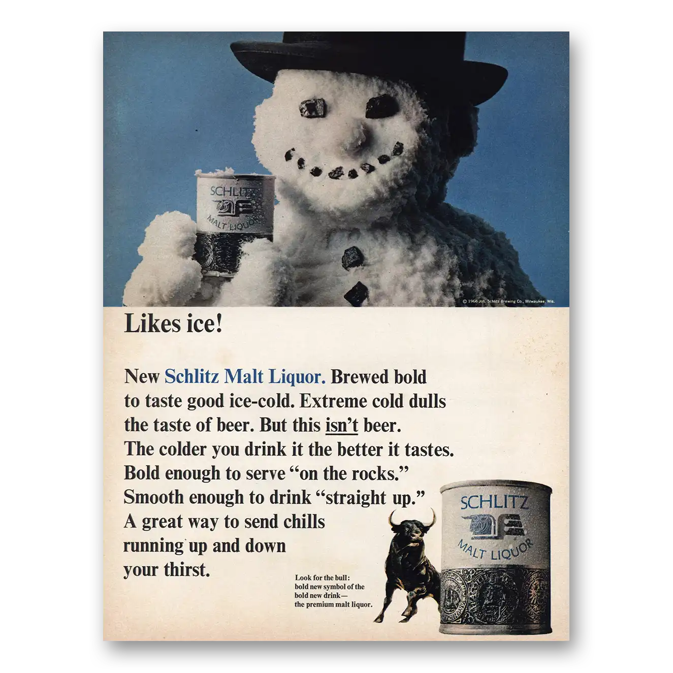 1966 Schlitz Malt Liquor Likes Ice Vintage Magazine Print Ad