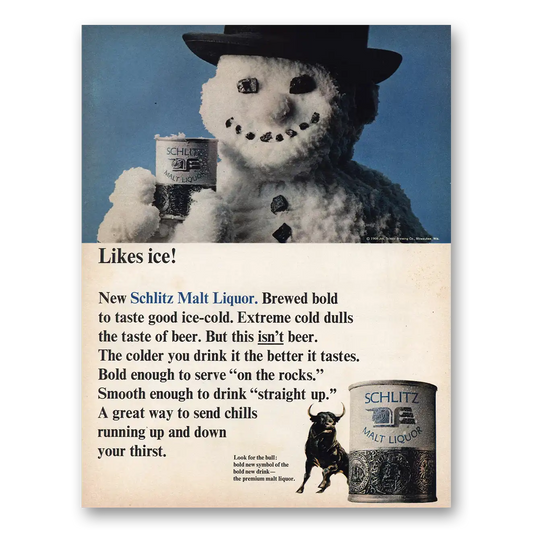 1966 Schlitz Malt Liquor Likes Ice Vintage Magazine Print Ad