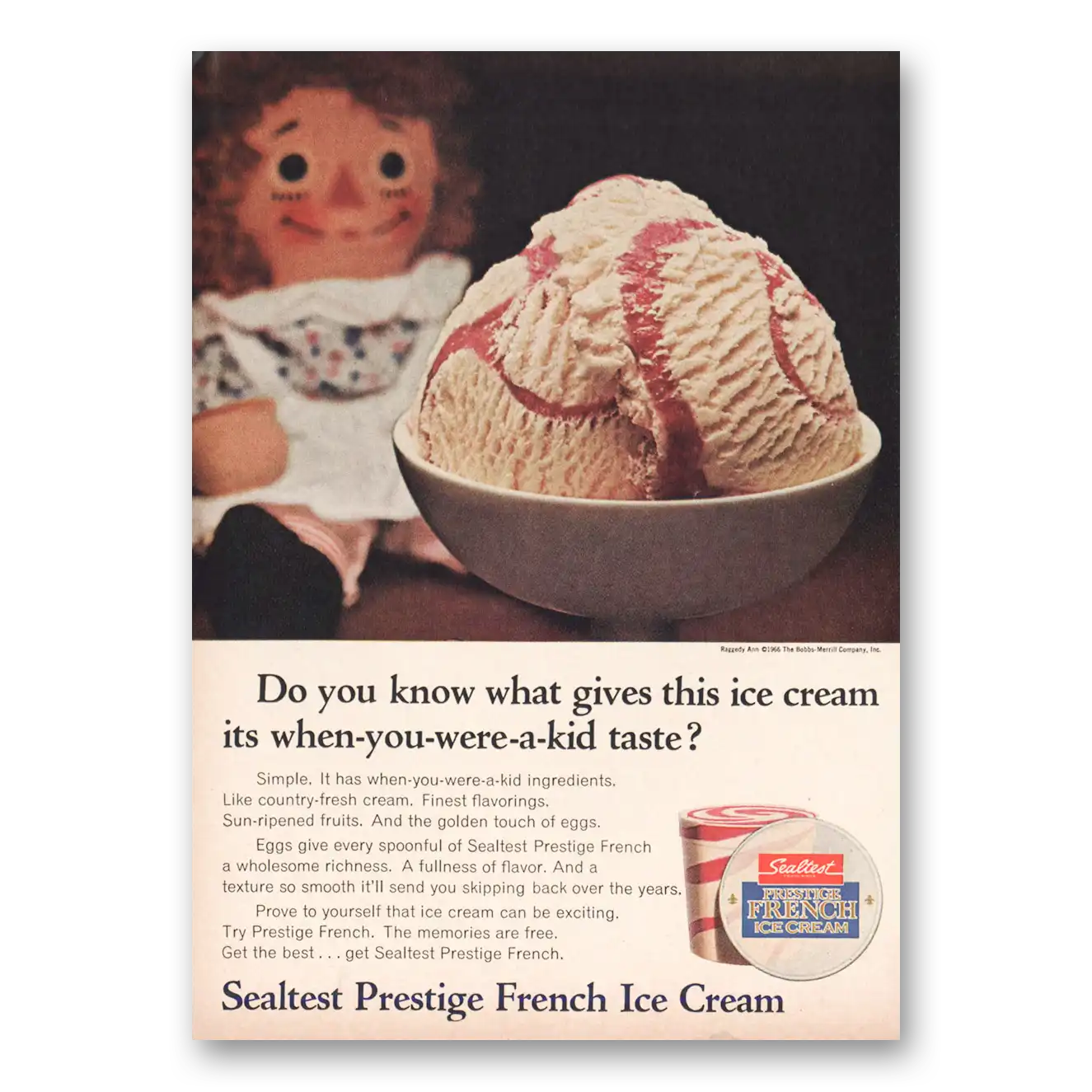 1966 Sealtest Prestige French Ice Cream Raggedy Ann When You Were a Kid Vintage Magazine Print Ad