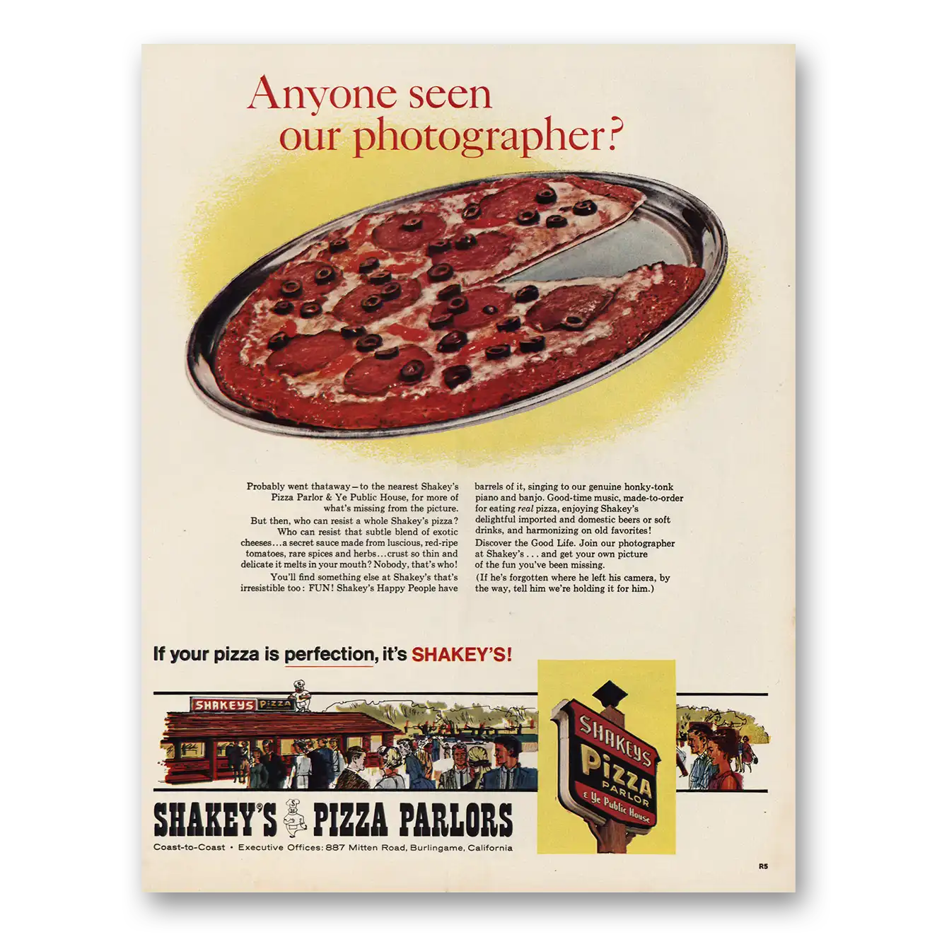 1966 Shakeys Pizza Parlors Anyone Seen the Photographer Vintage Magazine Print Ad