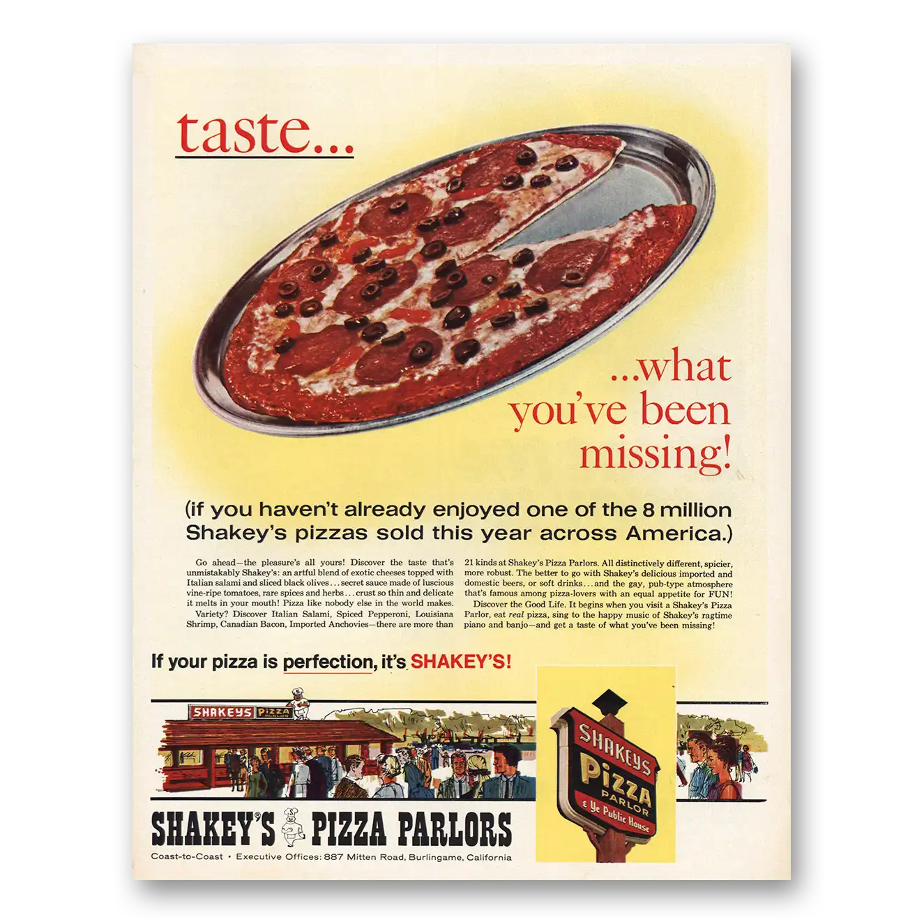 1966 Shakeys Pizza Parlors Taste What You've Been Missing Vintage Magazine Print Ad