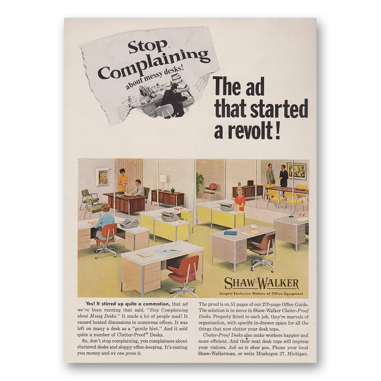 1966 Shaw Walker Office Furniture Stop Complaining The Ad that Started a Revolt Vintage Magazine Print Ad