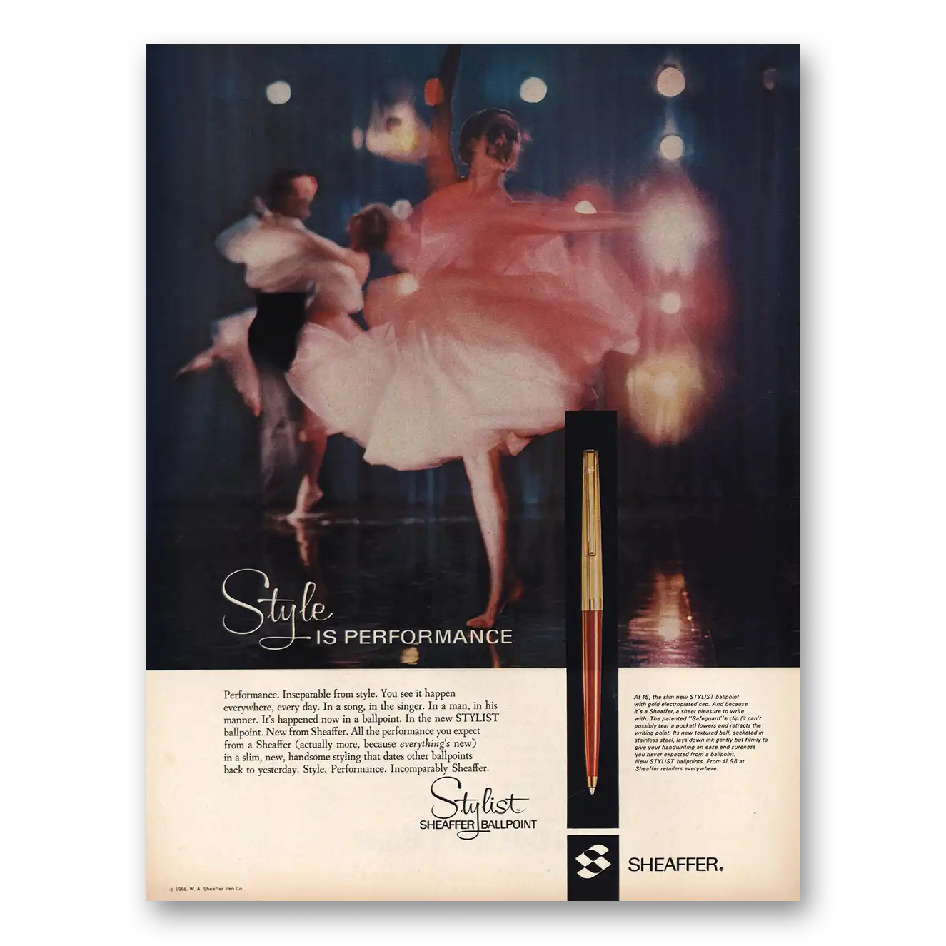 1966 Sheaffers Stylist Pen Style Is performance Ballet Vintage Magazine Print Ad