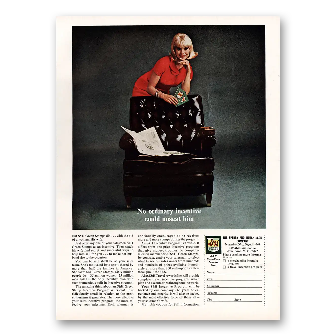 1966 S&H Green Stamps No Ordinary Incentive Vintage Magazine Print Ad