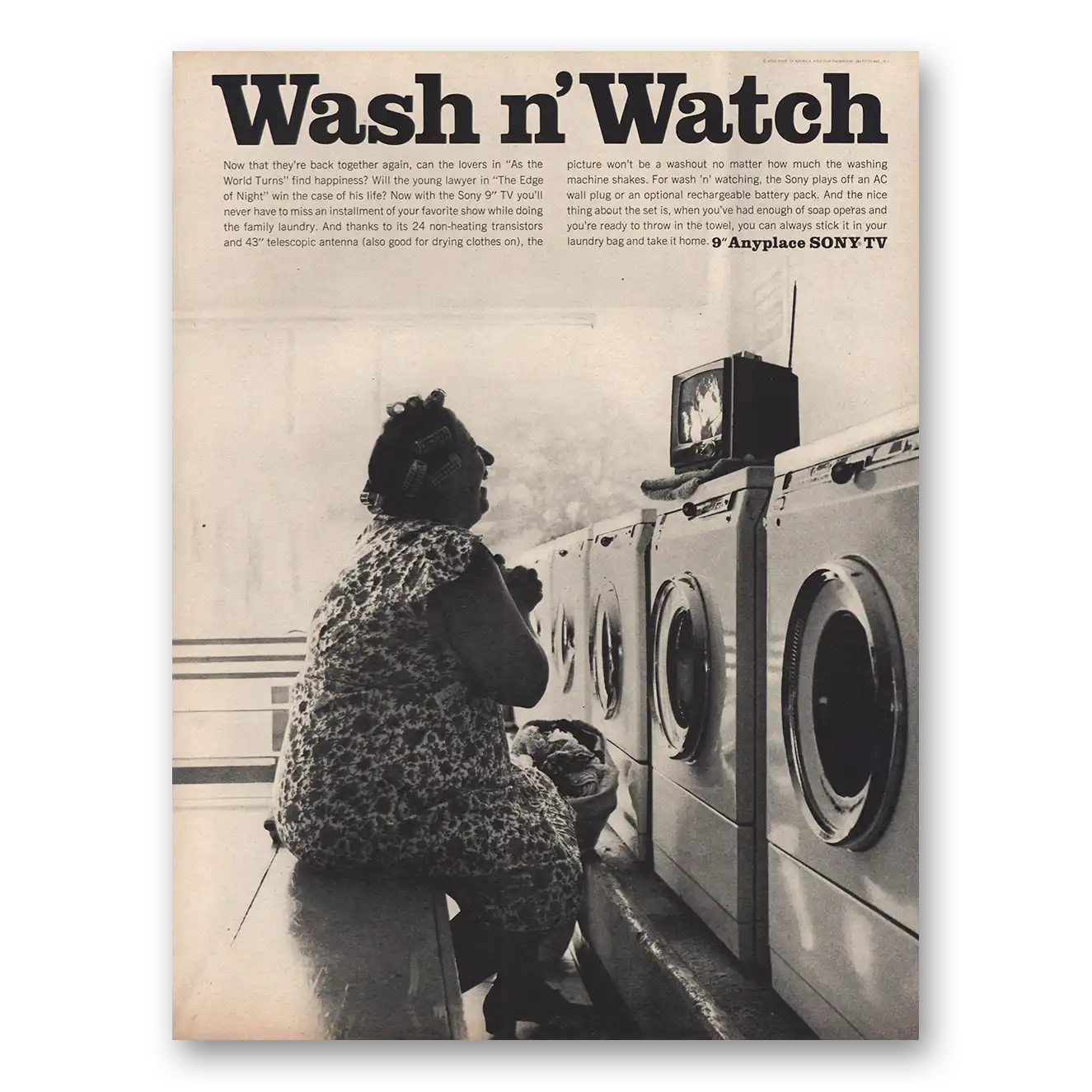 1966 Sony Portable TV Anyplace TV Wash n Watch Vintage Magazine Print Ad