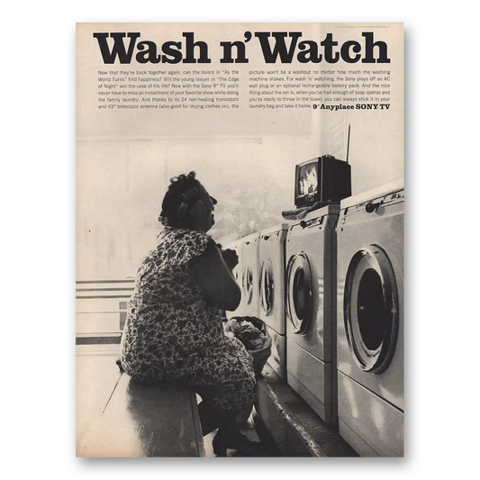 1966 Sony Portable TV Anyplace TV Wash n Watch Vintage Magazine Print Ad