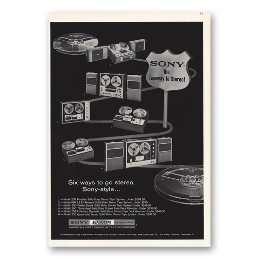 1966 Sony Six Ways to Go Stereo Vintage Magazine Print Ad