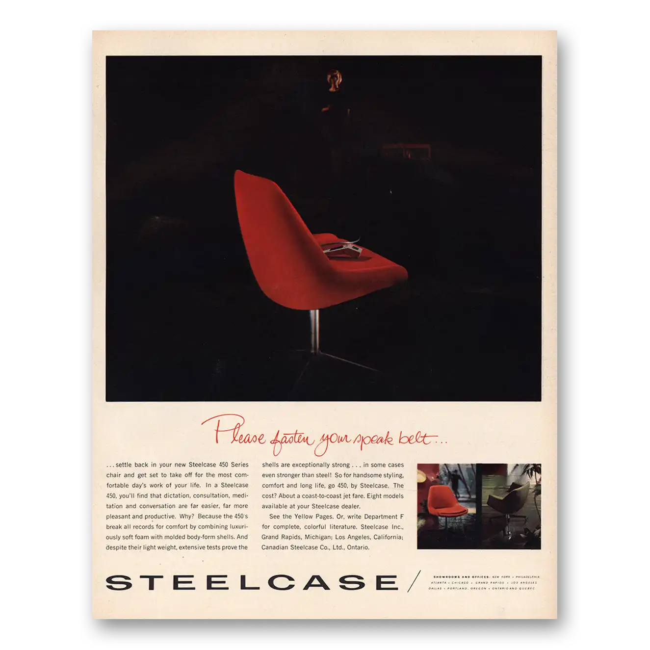 1966 Steelcase Office Furniture Please Fasten Your Speak Belt Vintage Magazine Print Ad