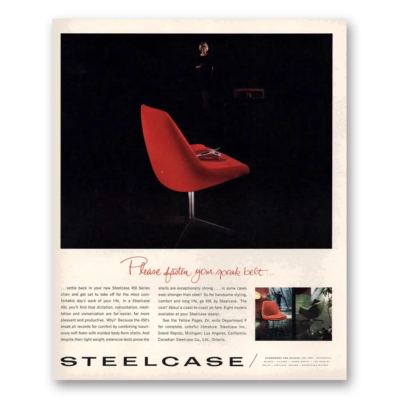 1966 Canadian Steelcase Fasten Your Speak Belt Vintage Magazine Print Ad