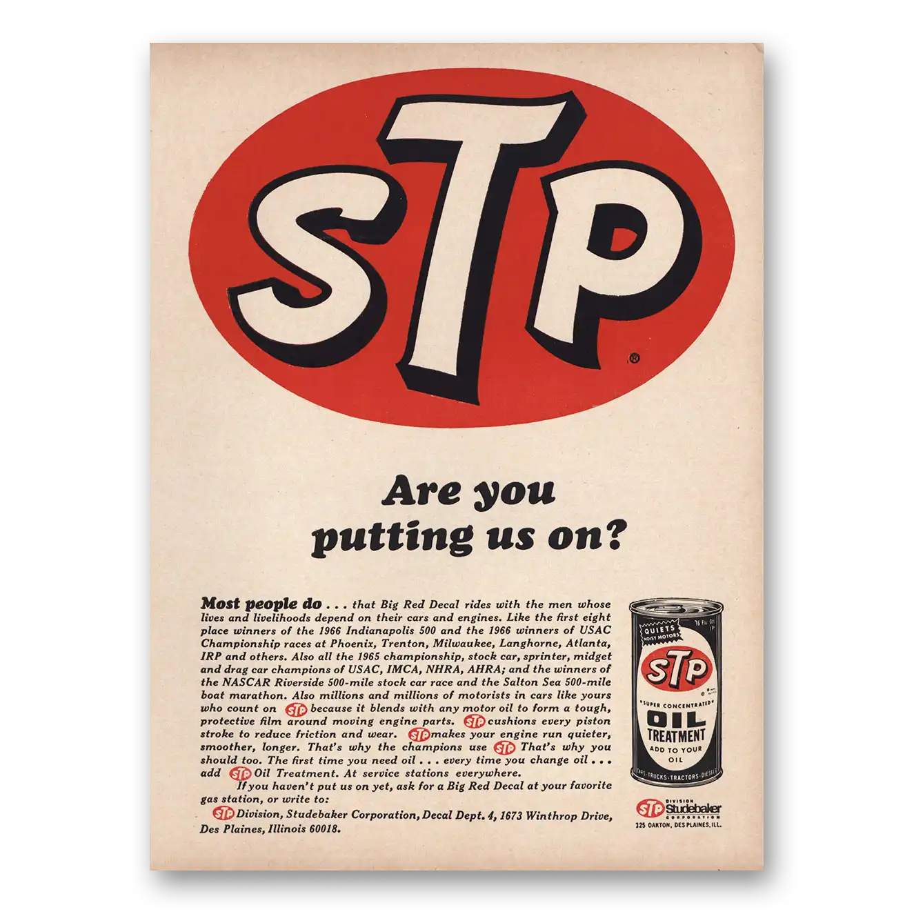 1966 STP Oil Are You Putting Us On Vintage Magazine Print Ad