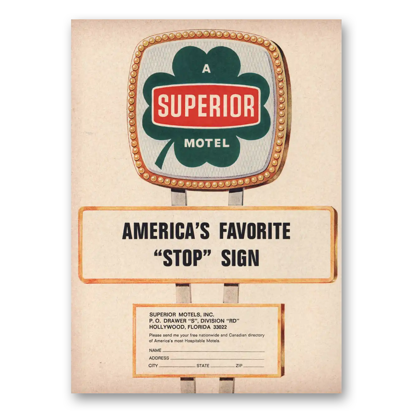 1966 Superior Motel Americas Favorite Stop Sign Vintage Magazine Print Ad