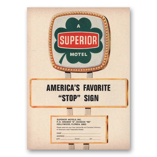 1966 Superior Motel Americas Favorite Stop Sign Vintage Magazine Print Ad