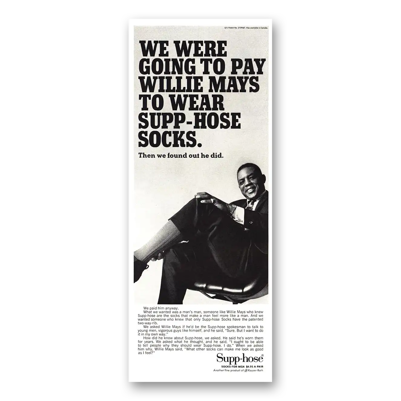 1966 Supp-Hose Pay Willie Mays to Wear Vintage Magazine Print Ad