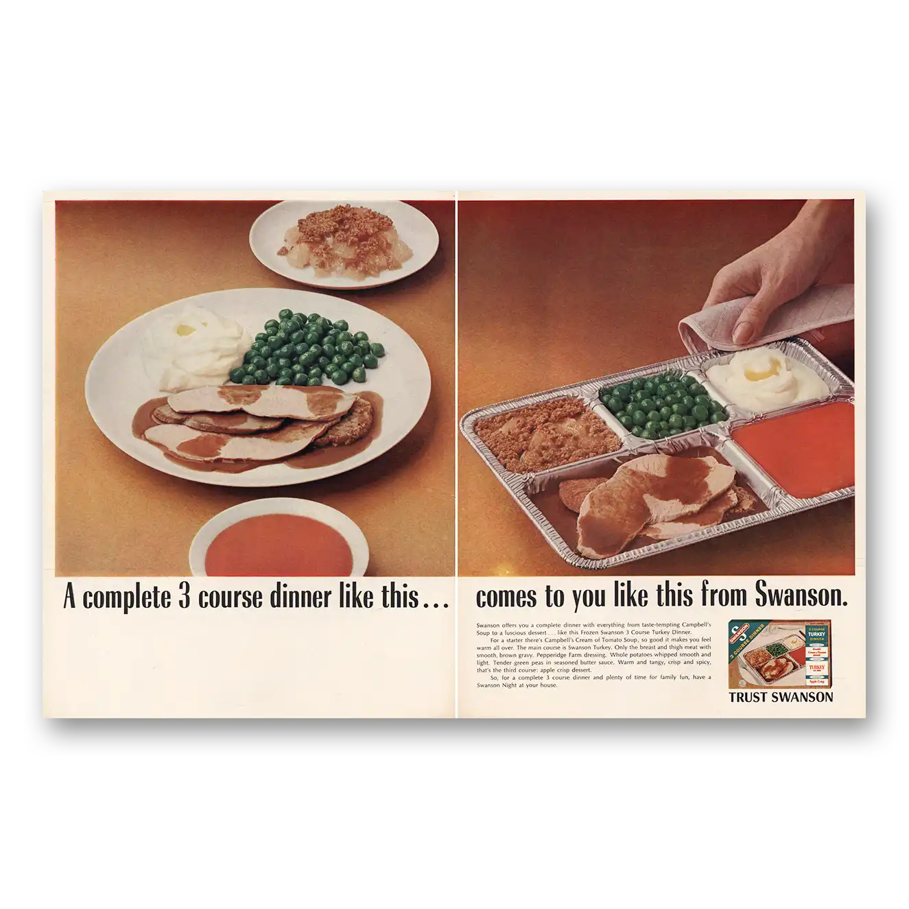 1966 Swanson TV Dinner Complete 3 Course Turkey Dinner Vintage Magazine Print Ad